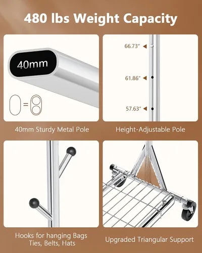 Miniatura 8 de Hoctieon Perchero de montaje de 1 minuto, 480 libras, percheros de ropa rodantes resistentes con ruedas, perchero plegable para ropa, barra Plata
