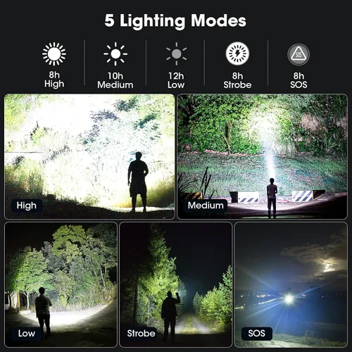 Miniatura 5 de Paquete de 2 linternas de 99000 lúmenes altos, linterna recargable LED súper brillante, 5 modos, IPX7 impermeable Flah Light para camping, hogar