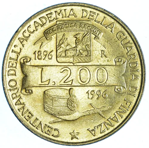 1996 R 200 Lire Moneda Italiana. Celebrando la Acedemia de "Guardia di Finanza", Unidad de Delitos Financieros. 200 Lira Calificada Por Vendedor