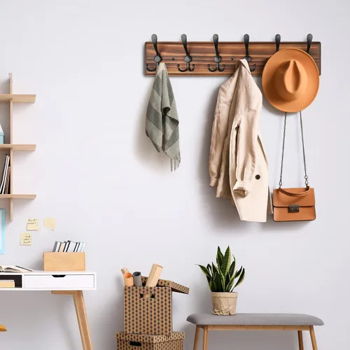 Miniatura 5 de Perchero de Pared de Montaje en Pared, Perchero de Pared de Madera Resistente para Pared, 6 Ganchos Triples para Colgar Abrigos, Chaqueta, Sombrero