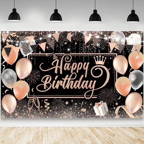 Miniatura 10 de AIBIIN Telón de fondo de feliz cumpleaños para hombre, fondo de fotografía dorado, globos negros, decoraciones de fiesta de cumpleaños, pancarta