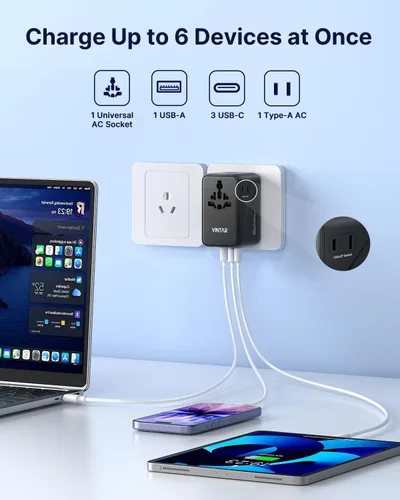 Miniatura 3 de VINTAR 140W GaN Universal Travel Adapter, 6-in-1 International Power Adapter with 2AC, 3 USB-C PD & 1 USB-A QC, All-in-One Charger Compatible with
