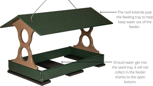 Miniatura 4 de JCs Wildlife Comedero Grande para Pájaros Verde y Marrón de Paso Libre con Bandeja Extraíble para Semillas con Orificios de Drenaje - Capacidad