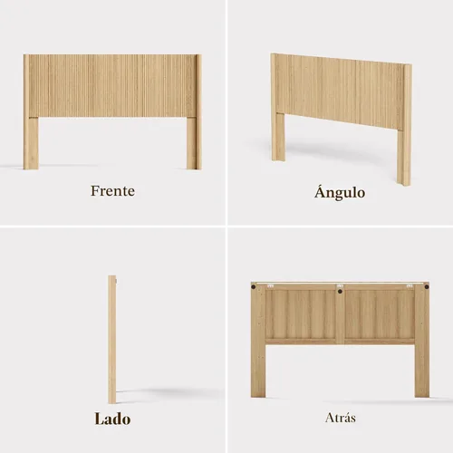 Miniatura 7 de Cabecera tamaño Queen solamente, moderna cabecera acanalada montada en la pared con iluminación, cabecera de cama de madera bohemia elegante Natural
