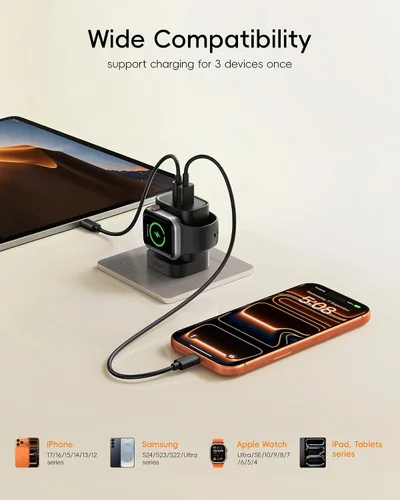 Miniatura 3 de VRURC Cargador para iPhone y Apple Watch, bloque de carga rápida USB C de 20 W, adaptador de viaje compacto 3 en 1 con 2 puertos para iPhone