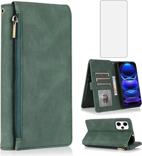 Asuwish Compatible con Xiaomi Redmi Note 12 Pro 5G / Poco X5 Pro 5G - Funda tipo cartera de vidrio templado con protector de pantalla y cremallera