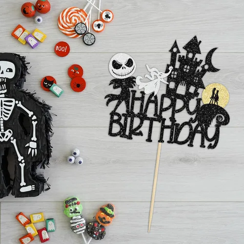 Miniatura 3 de 1 pieza de decoración de pastel de Halloween con purpurina Jack y Sally calabaza murciélago castillo fantasma Halloween pastel Pick para fiesta