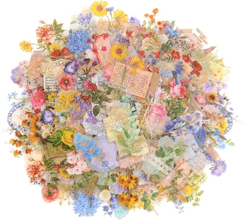 Dizdkizd Calcomanías florales de lámina dorada troqueladas (180 piezas), juego de calcomanías estéticas transparentes calcomanías de flores vintage