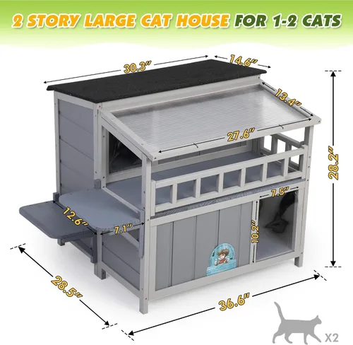 Miniatura 3 de Refugio para gatos de madera cálida de 2 niveles con techo de luz solar, casa para gatos al aire libre, balcón, plataformas de salto, recinto