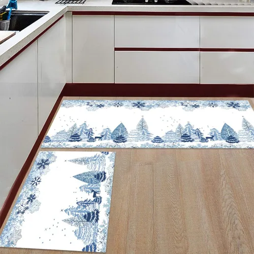 Libaoge Juego de 2 alfombras y tapetes de cocina de invierno de Navidad para Año Nuevo, diseño abstracto de copo de nieve, alce azul, tapete de