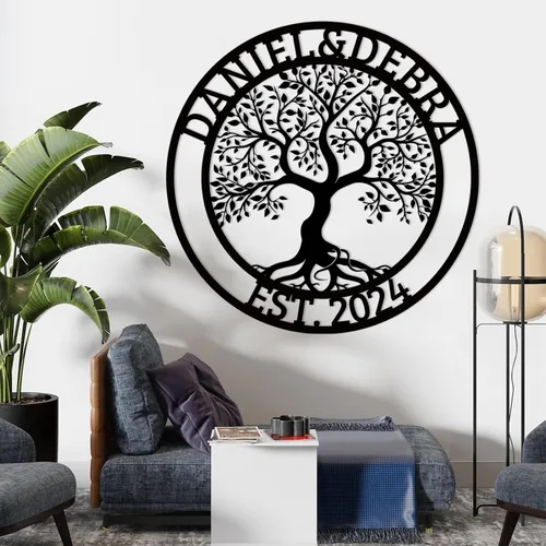 Miniatura 2 de Arte de pared personalizado del Árbol de la vida, decoración personalizada con apellido, letrero de metal para balcón exterior, arte de pared