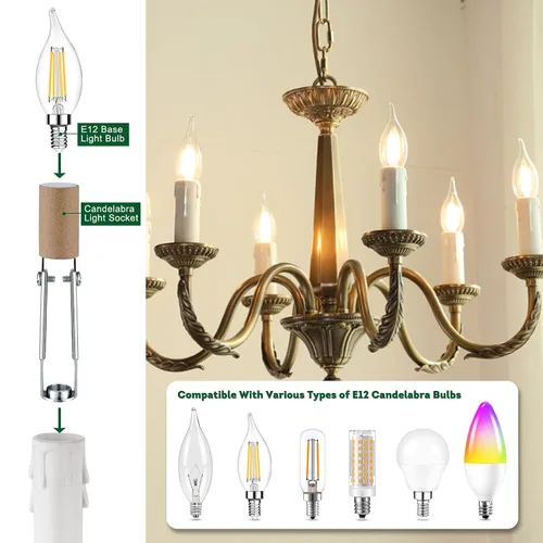 Miniatura 5 de Candelabro E12 - Enchufe de luz de cerámica ajustable de longitud para iluminación de candelabro, portalámparas de candelabro con fundas blancas