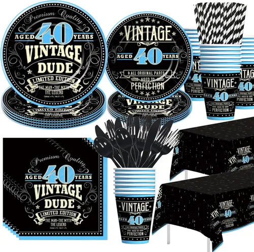 Decoraciones vintage de 40 cumpleaños para hombres – Suministros de fiesta de cumpleaños 40 de 1985, plato, taza, servilleta, mantel, cubiertos,