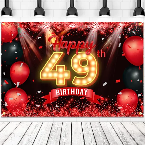 Cartel de feliz cumpleaños 49 años, fondo rojo y negro, decoraciones de cumpleaños para mujeres y hombres de 49 años, artículos de fotografía para