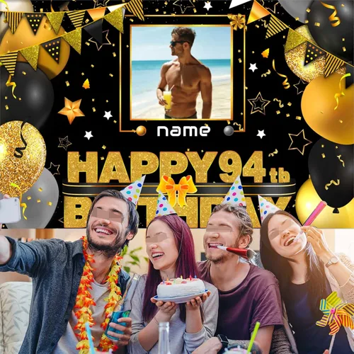 Miniatura 6 de Cartel decorativo personalizado de feliz cumpleaños número 100 - Personalización disponible - Negro y dorado - Tamaño grande - Admite fotos