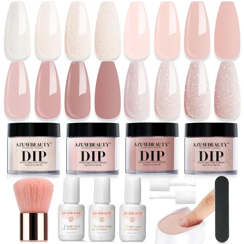 Azurebeauty - Kit de iniciación de uñas en polvo de inmersión, 4 colores, purpurina de piel desnuda para todas las estaciones, juego de polvo de