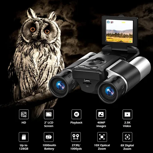 Miniatura 2 de Binoculares de 2 pulgadas con cámara integrada para adultos, zoom óptico 10x, zoom digital 8X, cámara de 40 MP, videos de 2.5 K, prismáticos
