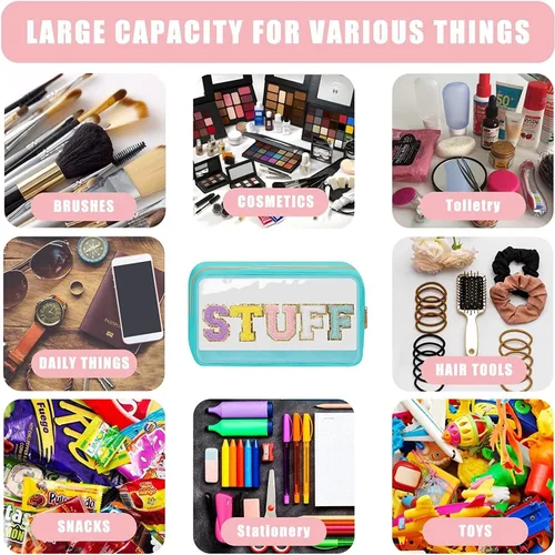 Miniatura 2 de Bolsa de maquillaje grande con letras de felpilla transparente para viajes, playa, bolsa de cosméticos con purpurina transparente, bolsa de Negro