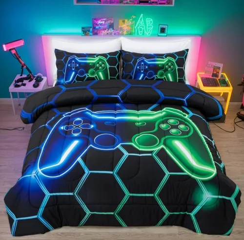 Miniatura 13 de NTBED Juego de edredón de consola de videojuegos de 5 piezas para niños y niñas, ropa de cama geométrica en una bolsa, de microfibra ligera