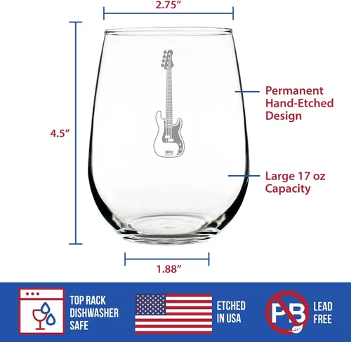 Miniatura 4 de Custom Electric Bass Personalized Stemless Wine Glass - Music Gifts for Bass Players, Teachers and Musicians that Play Bass Guitar - Large 17 Oz