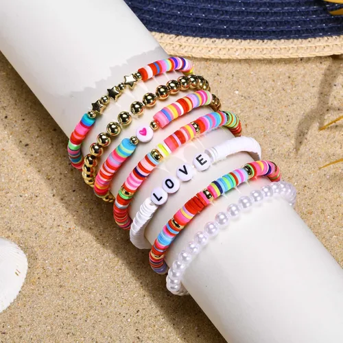 Miniatura 6 de Pulsera elástica de cuentas Surfer para mujer, juego de cuentas coloridas ajustables, pulseras Y2K con dije de corazón y estrella, para verano