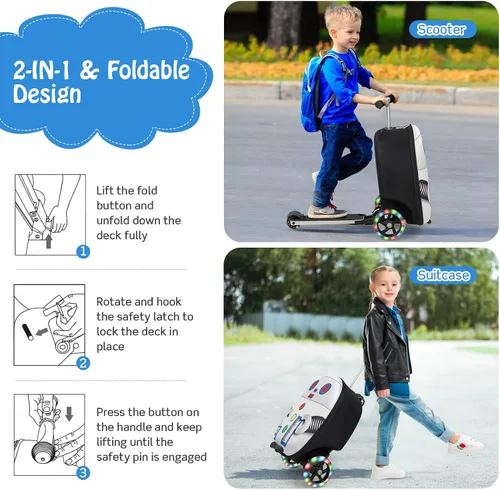 Miniatura 6 de Costzon Patineta plegable para niños, 2 en 1 con ruedas iluminadas, sistema de frenos, maleta de mano para viajes, escuela, al aire libre