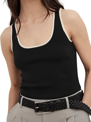 Meladyan Camiseta sin mangas reversible con cuello redondo y bloque de color para mujer, sin mangas, contraste, casual, ajustada, de punto