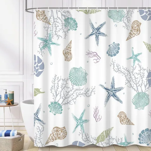 Miniatura 7 de Cortina de ducha náutica costera, cortina de baño con temática de playa y océano, decoración de baño con estrella de mar, coral, concha marina, tela
