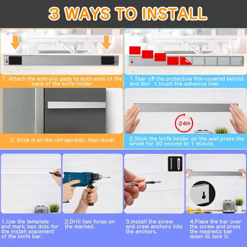 Miniatura 4 de Ninonly Portacuchillos magnético de 20 pulgadas para refrigerador, tira magnética de acero inoxidable de doble cara para pared, sin perforaciones