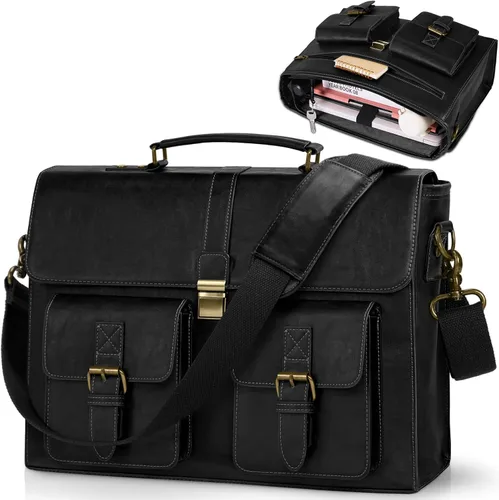 RAINSMORE Bolsa de mensajero para hombre de 15.6 pulgadas de cuero vintage para laptop, maletín impermeable, bolsa de cuero para computadora laptop,