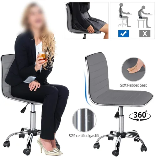 Miniatura 7 de Yaheetech Silla de oficina moderna de piel sintética sin brazos, 2 piezas, ajustable, con respaldo bajo, giratoria, ruedas rodantes, color gris