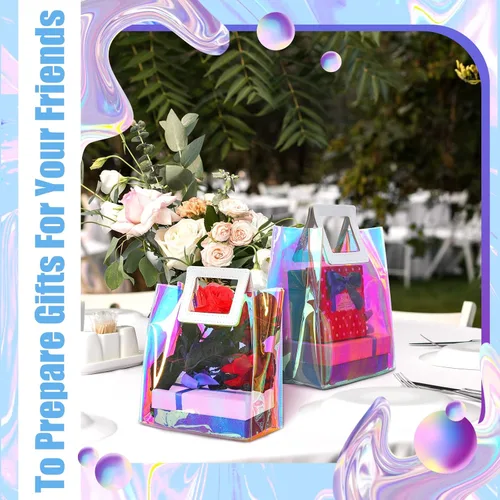 Miniatura 6 de CHENGU 10 bolsas iridiscentes, holográficas, transparentes, reutilizables, para cumpleaños, PVC, 7 x 8 x 4 pulgadas, bolsas con asa de compras, a