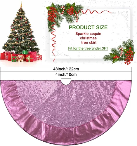 Miniatura 6 de Falda de árbol rosa para árbol de 7 pies, falda de árbol de Navidad de 48 pulgadas, falda de árbol de lentejuelas con purpurina de doble capa