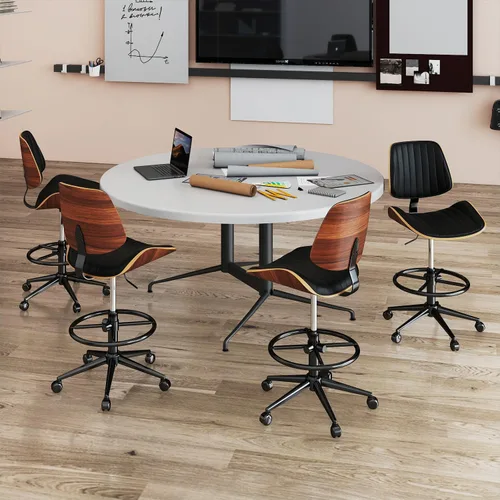 Miniatura 7 de Silla de dibujo, silla de oficina ergonómica con respaldo de madera de nogal, silla de escritorio de piel sintética sin brazos con altura ajustable