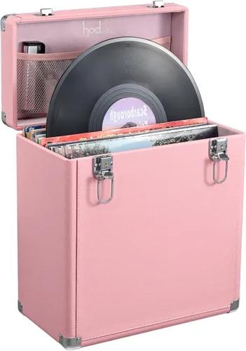 Caja de almacenamiento de discos de vinilo Hododou con candado Organizador de discos Almacenamiento para más de 30 discos individuales de 12 Rosa