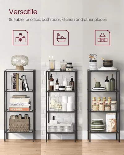Miniatura 7 de VASAGLE - Librero, estantería de 4 niveles, estantería delgada para dormitorio, baño, oficina en casa, vidrio templado, marco de acero, negro mate