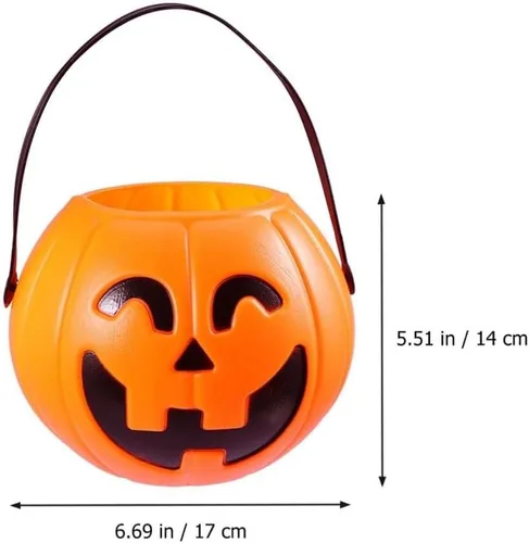 Miniatura 7 de Cubo de calabaza naranja de 6.7 pulgadas de plástico para dulces con asa para niños truco o trato fiesta de Halloween