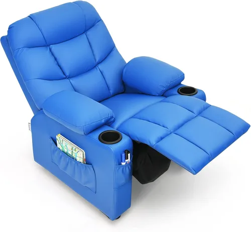 Miniatura 14 de GLACER Silla reclinable para niños con portavasos y bolsillos laterales, reclinable para niños con respaldo cómodo, reposabrazos y reposapiés, Marrón