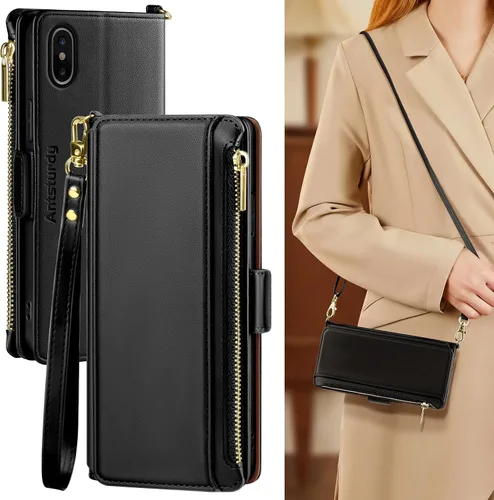 Antsturdy Funda tipo cartera compatible con iPhone Xs Max para mujeres y hombres, funda cruzada de piel sintética con bloqueo RFID, correa de muñeca