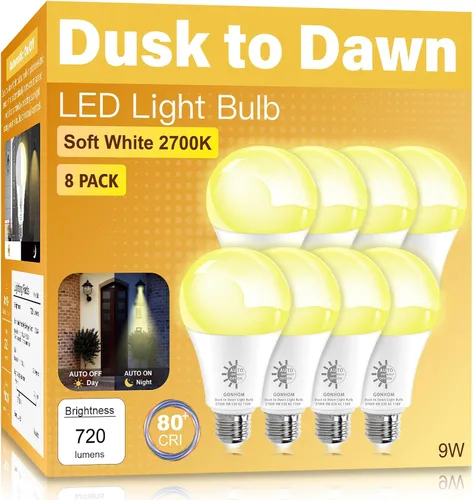 Miniatura 8 de Gonhom Paquete de 2 Bombillas de Luz del Atardecer al Amanecer para Exteriores, Blanco Cálido 2700K, 720LM, 9W (Equivalente a 60W) A19 E26 Bombillas