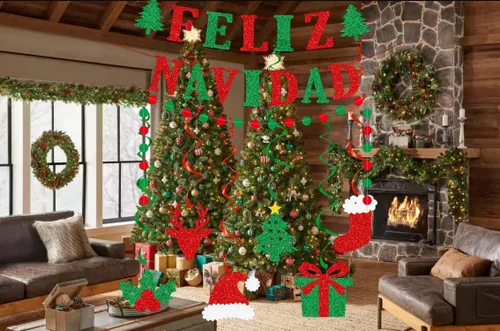 Miniatura 4 de Cartel de Feliz Navidad – Cartel de Navidad mexicana española, decoraciones de purpurina roja y verde para el hogar, mantel de fiesta (premontado)