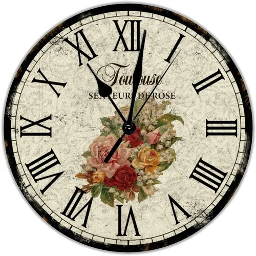 Toulouse Senteurs De Rose - Reloj de pared de PVC, diseño floral francés, redondo, funciona con pilas, cuarzo silencioso, 10 pulgadas, rústico,