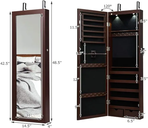 Miniatura 7 de Giantex Organizador de joyas montado en la paredpuerta con 2 luces LED, armario de joyería de altura ajustable con cerradura con espejo de longitud