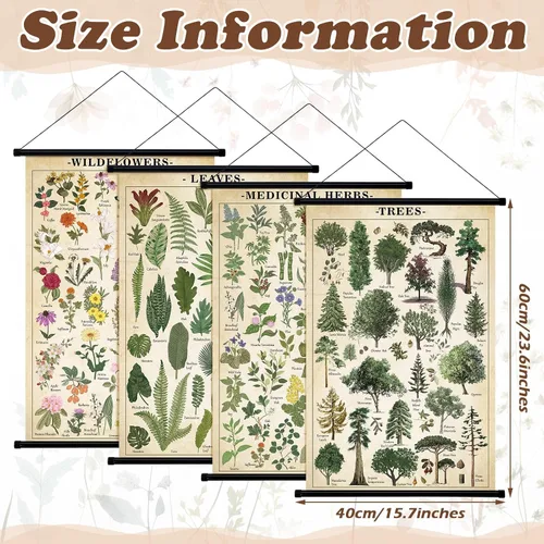 Miniatura 4 de Lewtemi Póster vintage de 4 piezas de arte de pared botánico de la naturaleza, flores silvestres, hojas, hierbas medicinales, árboles, póster