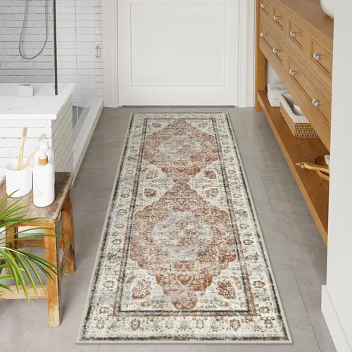 Miniatura 27 de Uphome Tapete de baño color naranja, estilo bohemio y envejecido, tapete de baño pequeño de terciopelo súper acogedor, antideslizante, lavable a