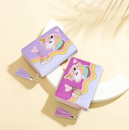 Miniatura 8 de UTO Cartera para niñas de cuero vegano pequeño borla colgante titular de la tarjeta Kawaii monedero 1166, 1166 Púrpura