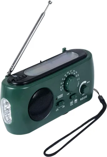 Radio de emergencia, color verde | Cargador solar y de manivela, linterna de 3 LED, banco de energía de 500 mAh, radio FM/AM, cargador de teléfono