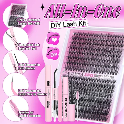 Miniatura 2 de Yawamica Kit de extensión de pestañas para bricolaje, 320 unidades de racimo de pestañas individuales, 0.354-0.630 in, mezcla de pestañas 30D 40D