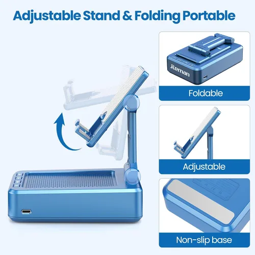 Miniatura 7 de JTEMAN Soporte para teléfono celular con altavoz Bluetooth, sonido estéreo HD y base antideslizante, soporte plegable ajustable para teléfono de Azul