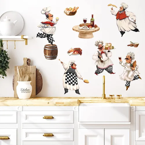 Miniatura 3 de Mfault Calcomanías de pared de chefs gordos italianos, divertidas decoraciones de cocina para panadero, cocina, arte, hogar, comedor, restaurante